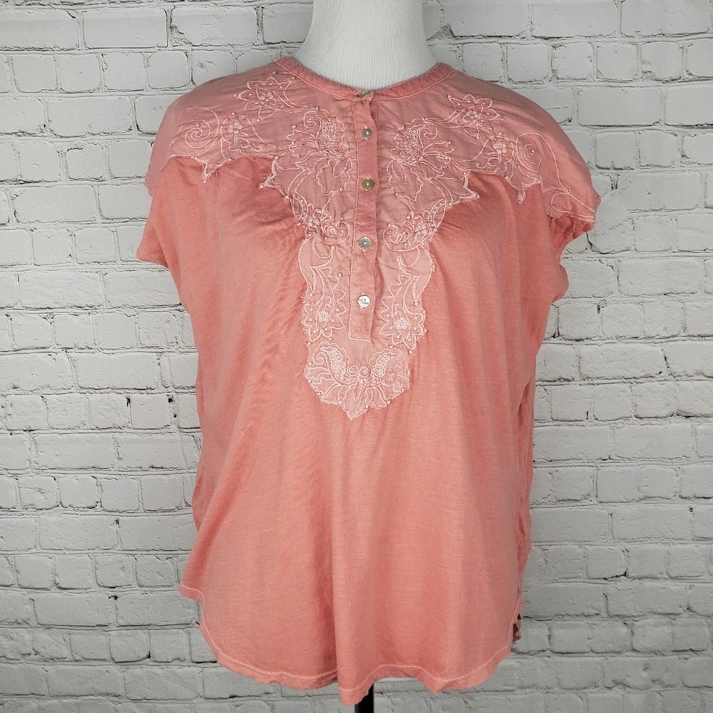 Lucky Brand Embroidered Henley Top | Coral | Sz XL